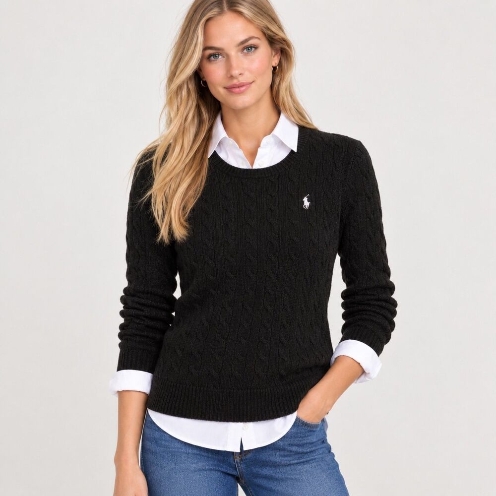 Vintage Ralph Lauren Sport Cable-Knit Cotton Pullover Sweater in Black Size XL